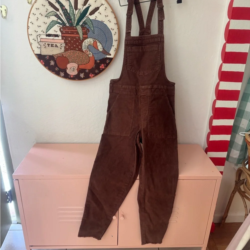 Aerie XXS corduroy brown overalls raw hems Adjustable strap - Picture 7 of 7